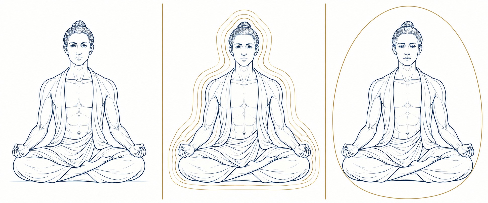Three seated figures in an educational yoga illustration: the physical body, the mental and astral body shown through layered contours, and the bliss body shown with a single enclosing contour.